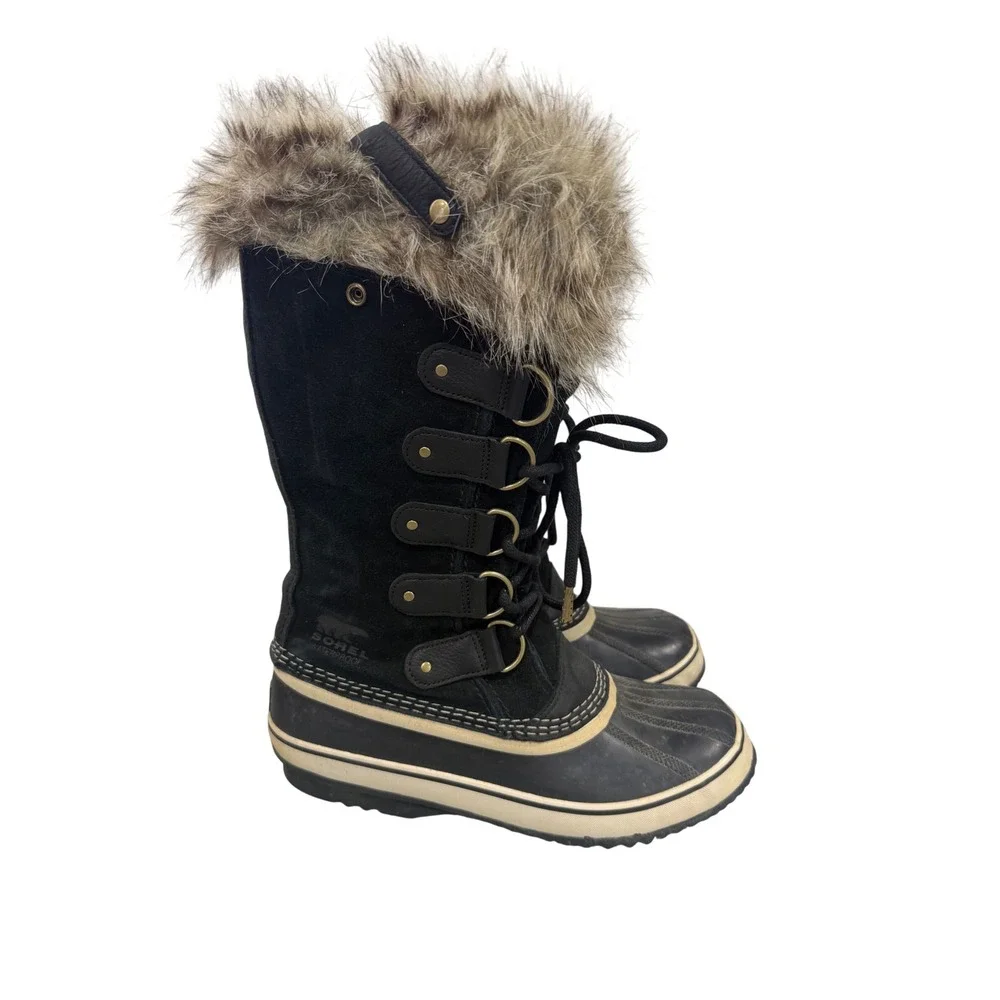 Sorel Joan of Arctic Waterproof Winter Boots Black Suede Faux Fur Trim Womens 11